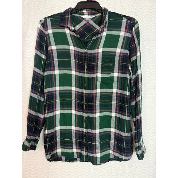 Old Navy the classic shirt Button up green pink plaid Size L - Picture 2 of 5